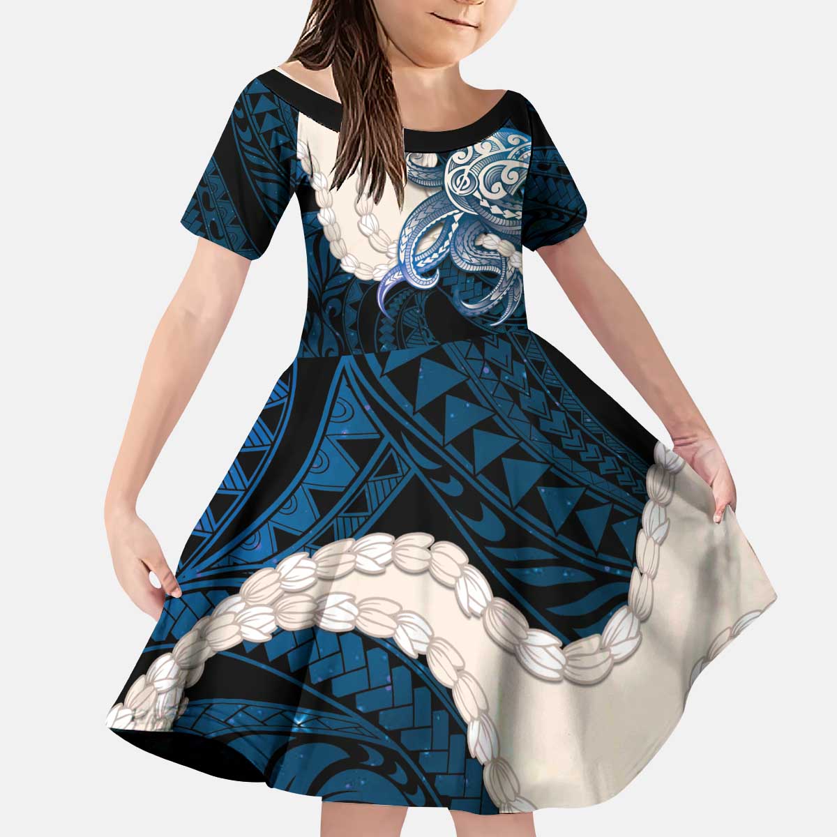 Blue Galaxy Polynesia Tribal Octopus Tattoo Kid Short Sleeve Dress Pikake Lei Polynesian Pattern