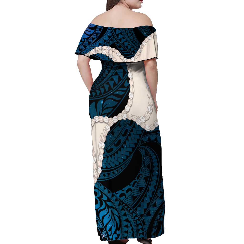 Blue Galaxy Polynesia Tribal Octopus Tattoo Off Shoulder Maxi Dress Pikake Lei Polynesian Pattern