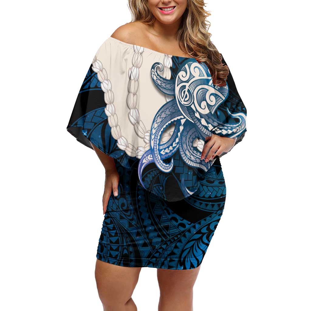 Blue Galaxy Polynesia Tribal Octopus Tattoo Off Shoulder Short Dress Pikake Lei Polynesian Pattern