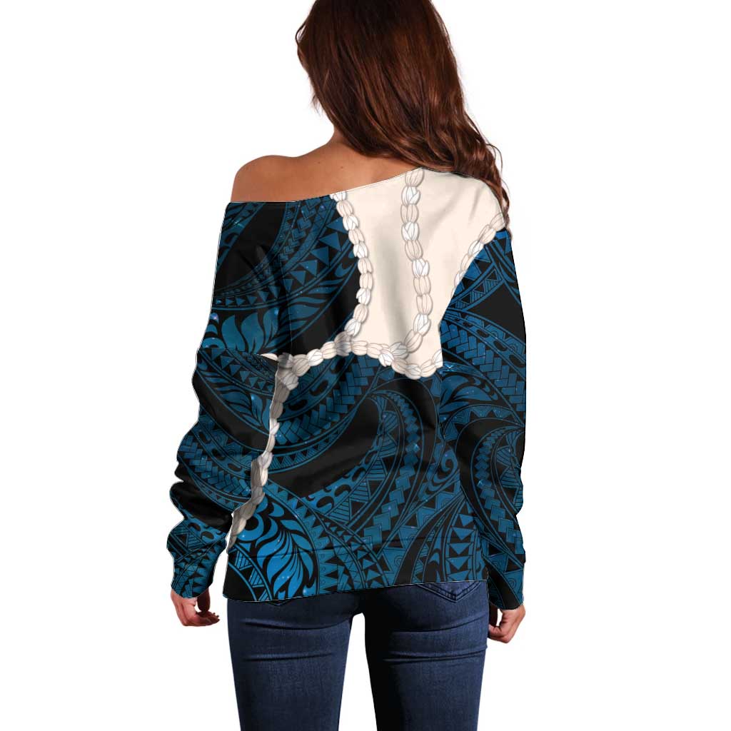Blue Galaxy Polynesia Tribal Octopus Tattoo Off Shoulder Sweater Pikake Lei Polynesian Pattern