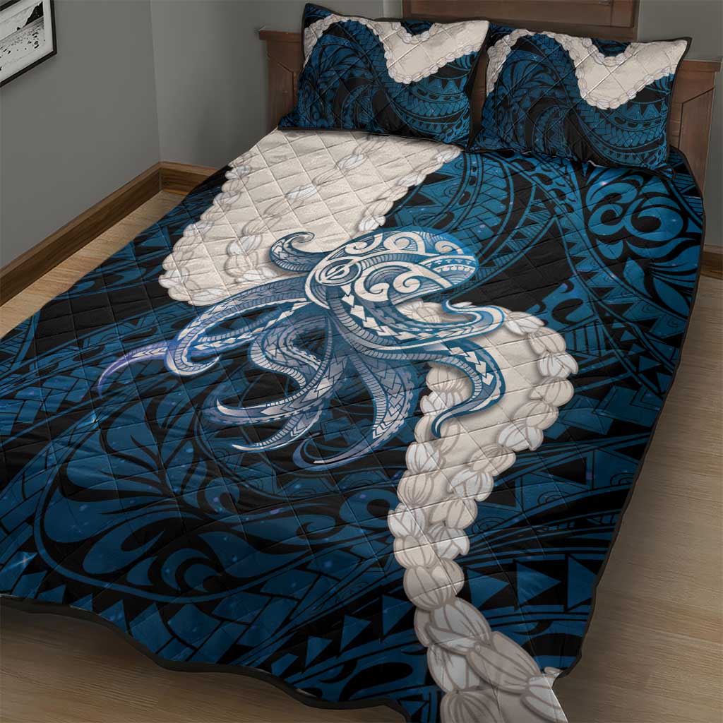 Blue Galaxy Polynesia Tribal Octopus Tattoo Quilt Bed Set Pikake Lei Polynesian Pattern