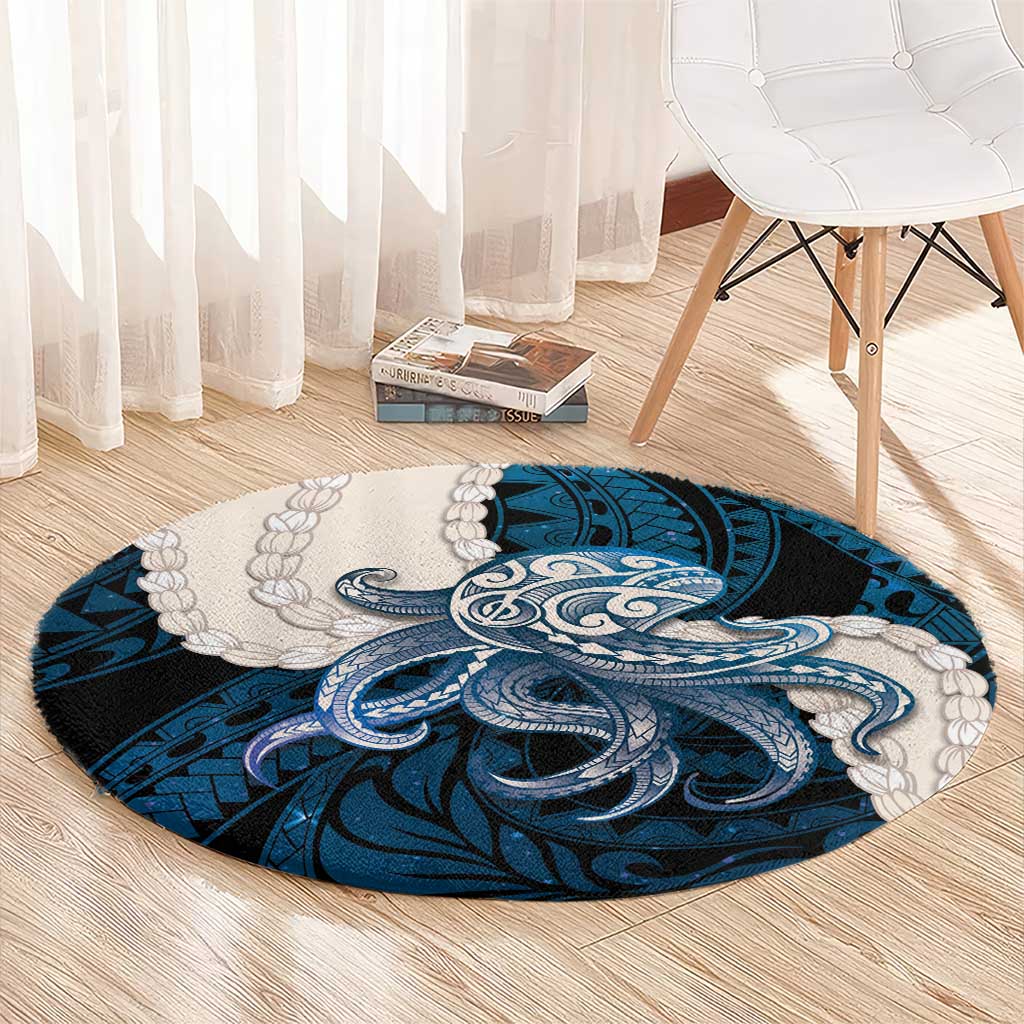Blue Galaxy Polynesia Tribal Octopus Tattoo Round Carpet Pikake Lei Polynesian Pattern