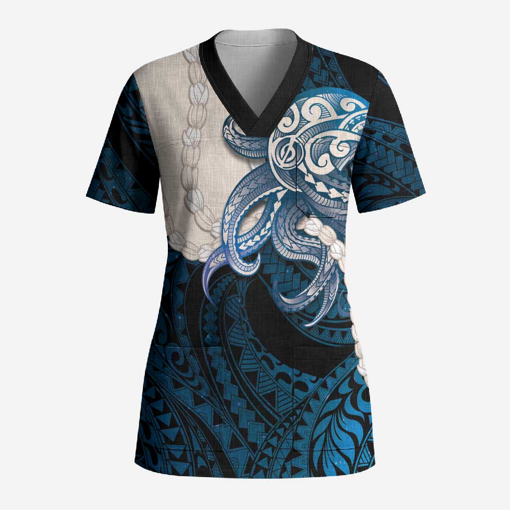 Blue Galaxy Polynesia Tribal Octopus Tattoo Scrub Top Pikake Lei Polynesian Pattern