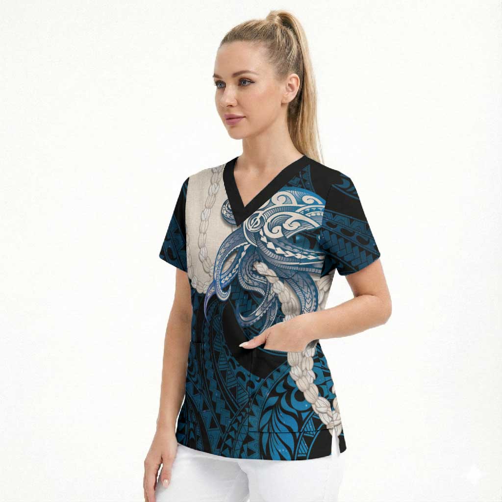 Blue Galaxy Polynesia Tribal Octopus Tattoo Scrub Top Pikake Lei Polynesian Pattern