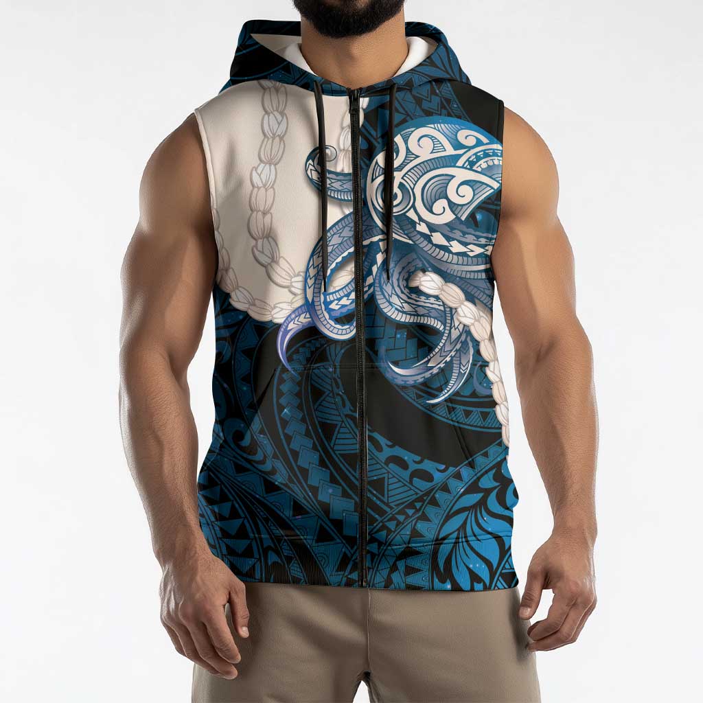Blue Galaxy Polynesia Tribal Octopus Tattoo Sleeveless Zip Hoodie Pikake Lei Polynesian Pattern