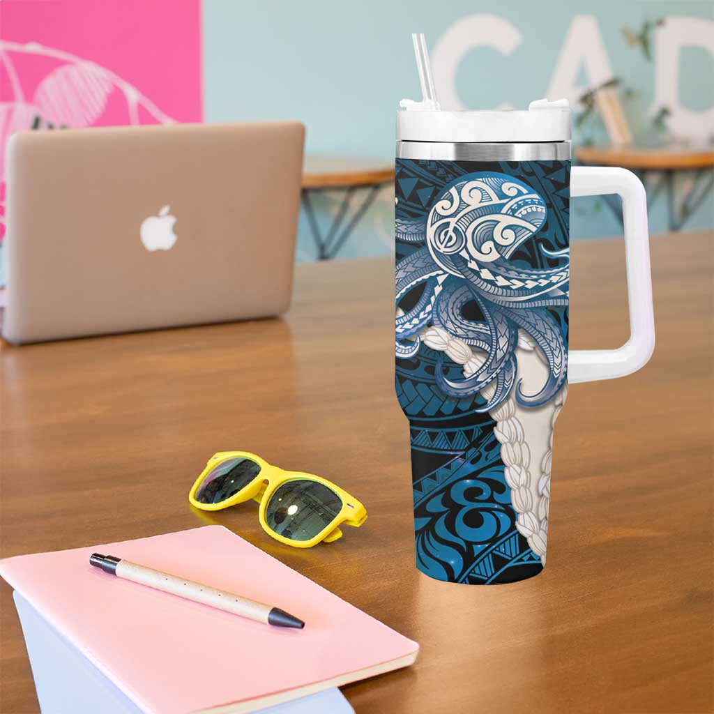 Blue Galaxy Polynesia Tribal Octopus Tattoo Tumbler With Handle Pikake Lei Polynesian Pattern