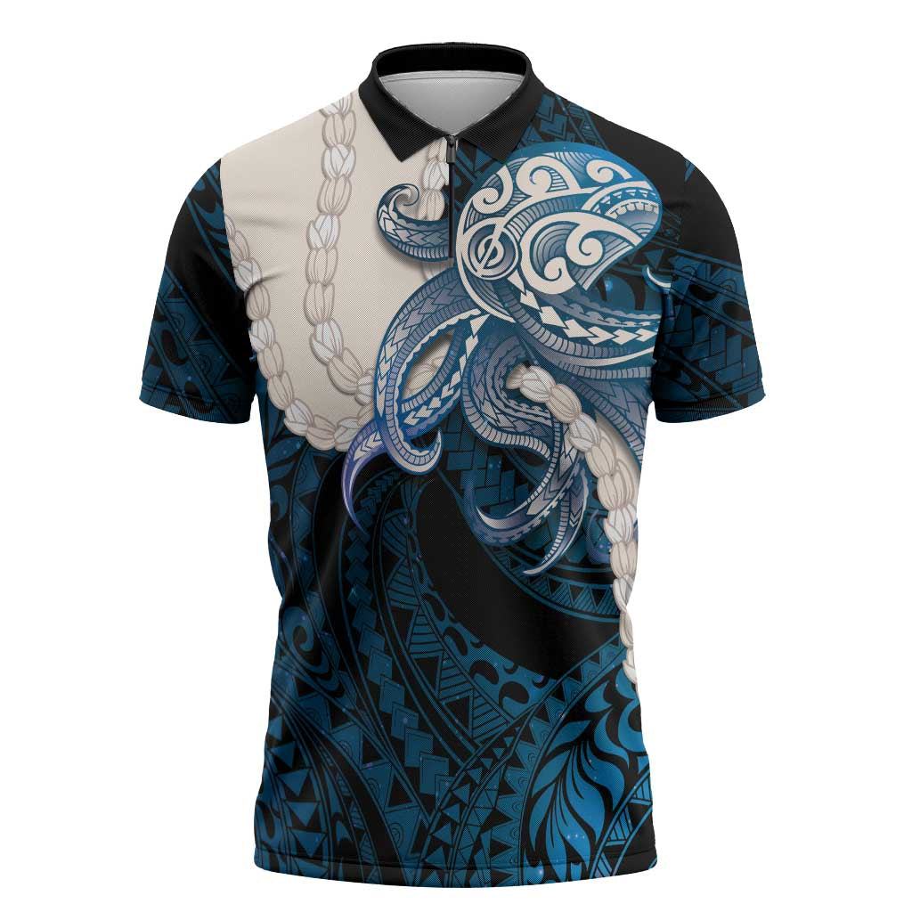Blue Galaxy Polynesia Tribal Octopus Tattoo Zipper Polo Shirt Pikake Lei Polynesian Pattern