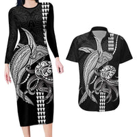Kanaloa Aloha Hawaii Couples Matching Long Sleeve Bodycon Dress and Hawaiian Shirt Humpback Whale Octopus Tattoo Kakau Pattern LT14 Black - Polynesian Pride