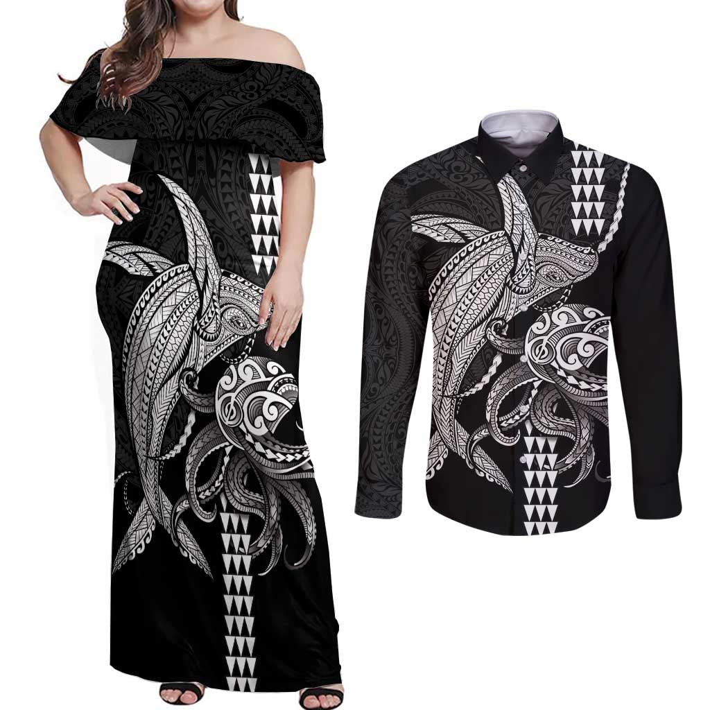 Kanaloa Aloha Hawaii Couples Matching Off Shoulder Maxi Dress and Long Sleeve Button Shirt Humpback Whale Octopus Tattoo Kakau Pattern LT14 Black - Polynesian Pride