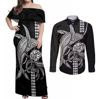 Kanaloa Aloha Hawaii Couples Matching Off Shoulder Maxi Dress and Long Sleeve Button Shirt Humpback Whale Octopus Tattoo Kakau Pattern LT14 Black - Polynesian Pride