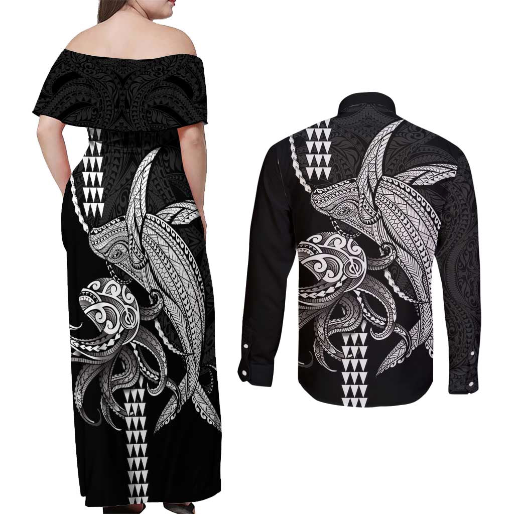 Kanaloa Aloha Hawaii Couples Matching Off Shoulder Maxi Dress and Long Sleeve Button Shirt Humpback Whale Octopus Tattoo Kakau Pattern LT14 - Polynesian Pride