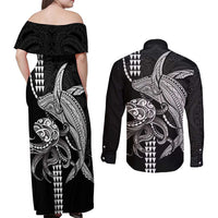 Kanaloa Aloha Hawaii Couples Matching Off Shoulder Maxi Dress and Long Sleeve Button Shirt Humpback Whale Octopus Tattoo Kakau Pattern LT14 - Polynesian Pride