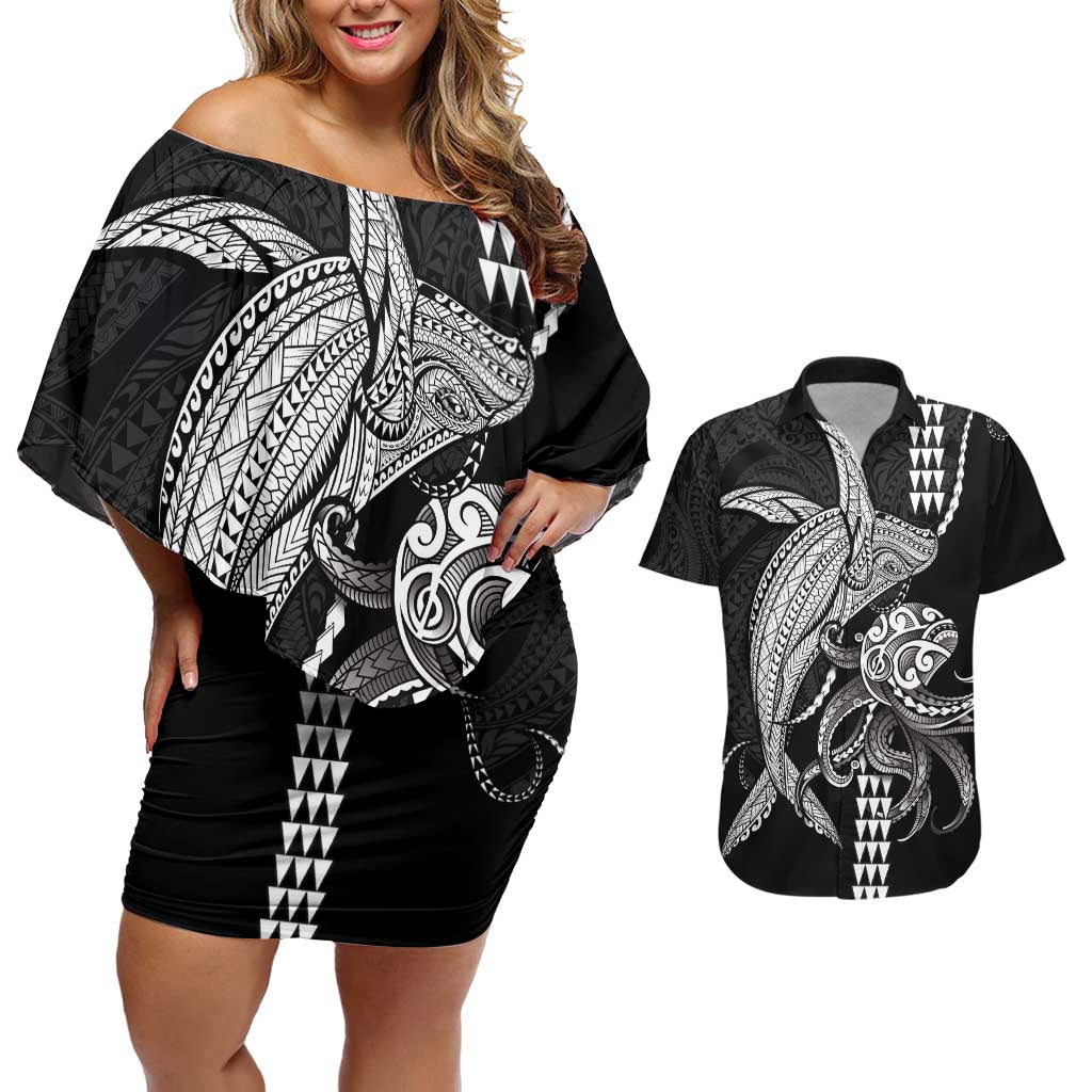 Kanaloa Aloha Hawaii Couples Matching Off Shoulder Short Dress and Hawaiian Shirt Humpback Whale Octopus Tattoo Kakau Pattern