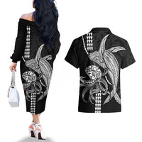 Kanaloa Aloha Hawaii Couples Matching Off The Shoulder Long Sleeve Dress and Hawaiian Shirt Humpback Whale Octopus Tattoo Kakau Pattern LT14 - Polynesian Pride