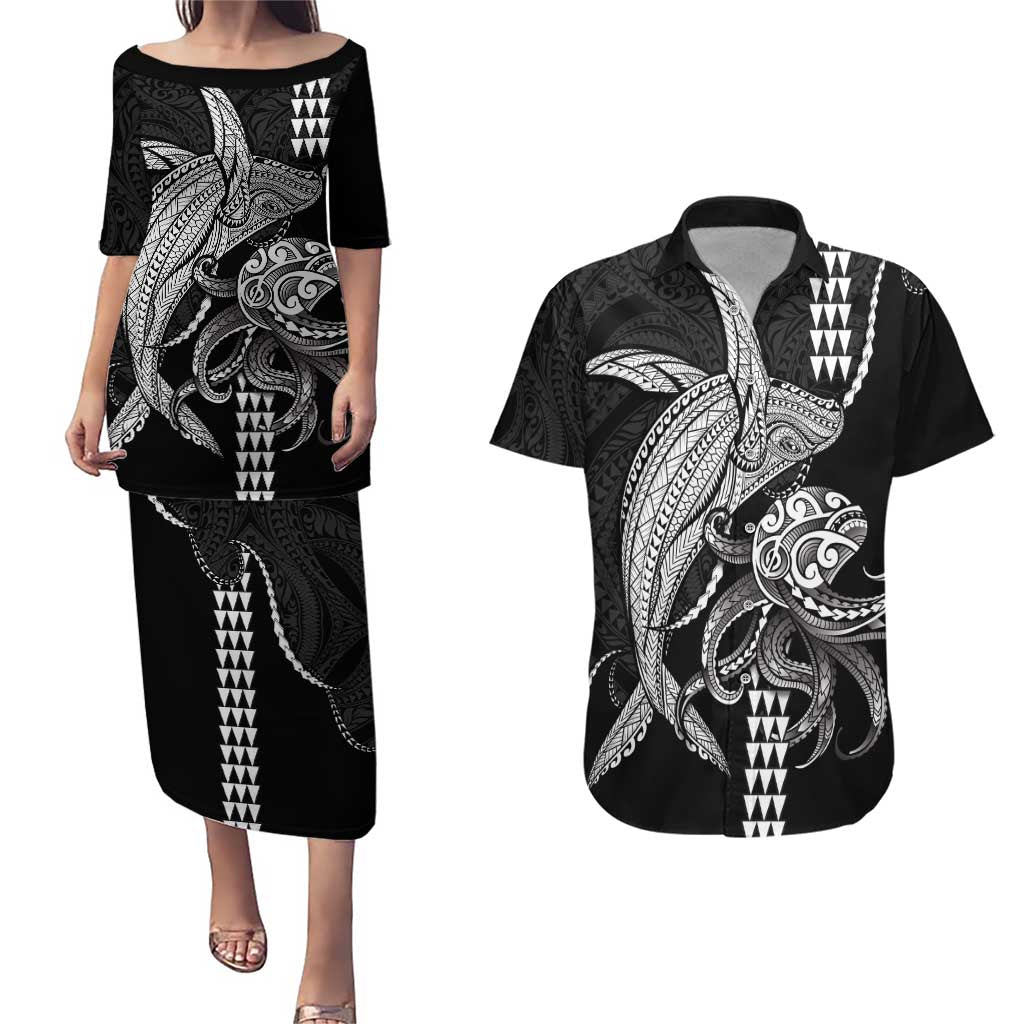 Kanaloa Aloha Hawaii Couples Matching Puletasi and Hawaiian Shirt Humpback Whale Octopus Tattoo Kakau Pattern LT14 Black - Polynesian Pride