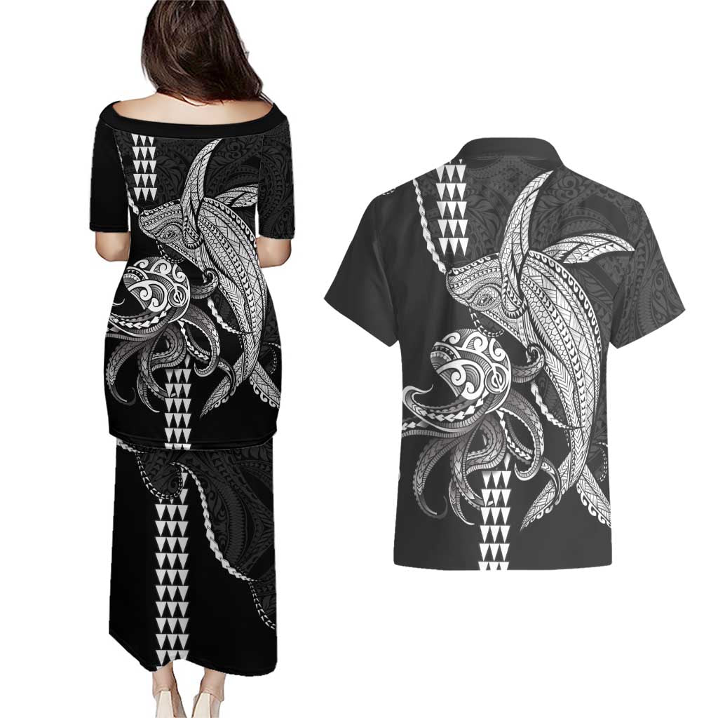 Kanaloa Aloha Hawaii Couples Matching Puletasi and Hawaiian Shirt Humpback Whale Octopus Tattoo Kakau Pattern LT14 - Polynesian Pride
