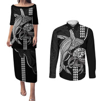 Kanaloa Aloha Hawaii Couples Matching Puletasi and Long Sleeve Button Shirt Humpback Whale Octopus Tattoo Kakau Pattern