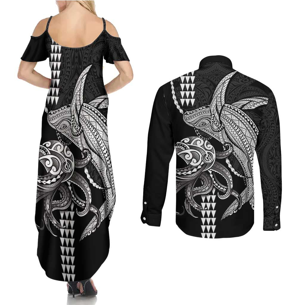 Kanaloa Aloha Hawaii Couples Matching Summer Maxi Dress and Long Sleeve Button Shirt Humpback Whale Octopus Tattoo Kakau Pattern