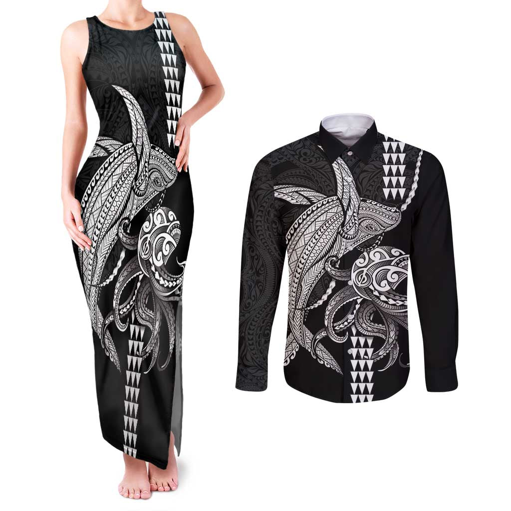 Kanaloa Aloha Hawaii Couples Matching Tank Maxi Dress and Long Sleeve Button Shirt Humpback Whale Octopus Tattoo Kakau Pattern
