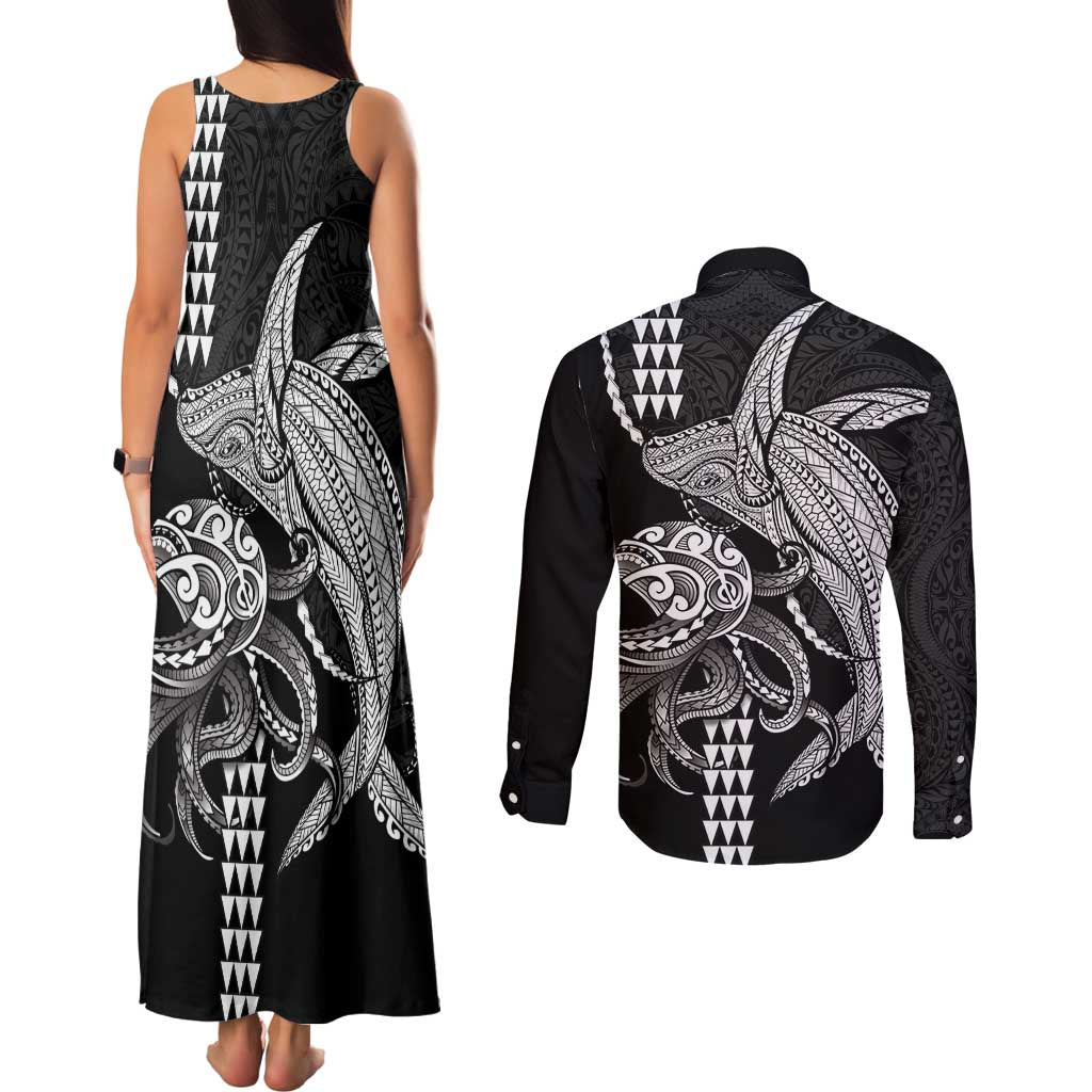 Kanaloa Aloha Hawaii Couples Matching Tank Maxi Dress and Long Sleeve Button Shirt Humpback Whale Octopus Tattoo Kakau Pattern
