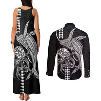 Kanaloa Aloha Hawaii Couples Matching Tank Maxi Dress and Long Sleeve Button Shirt Humpback Whale Octopus Tattoo Kakau Pattern