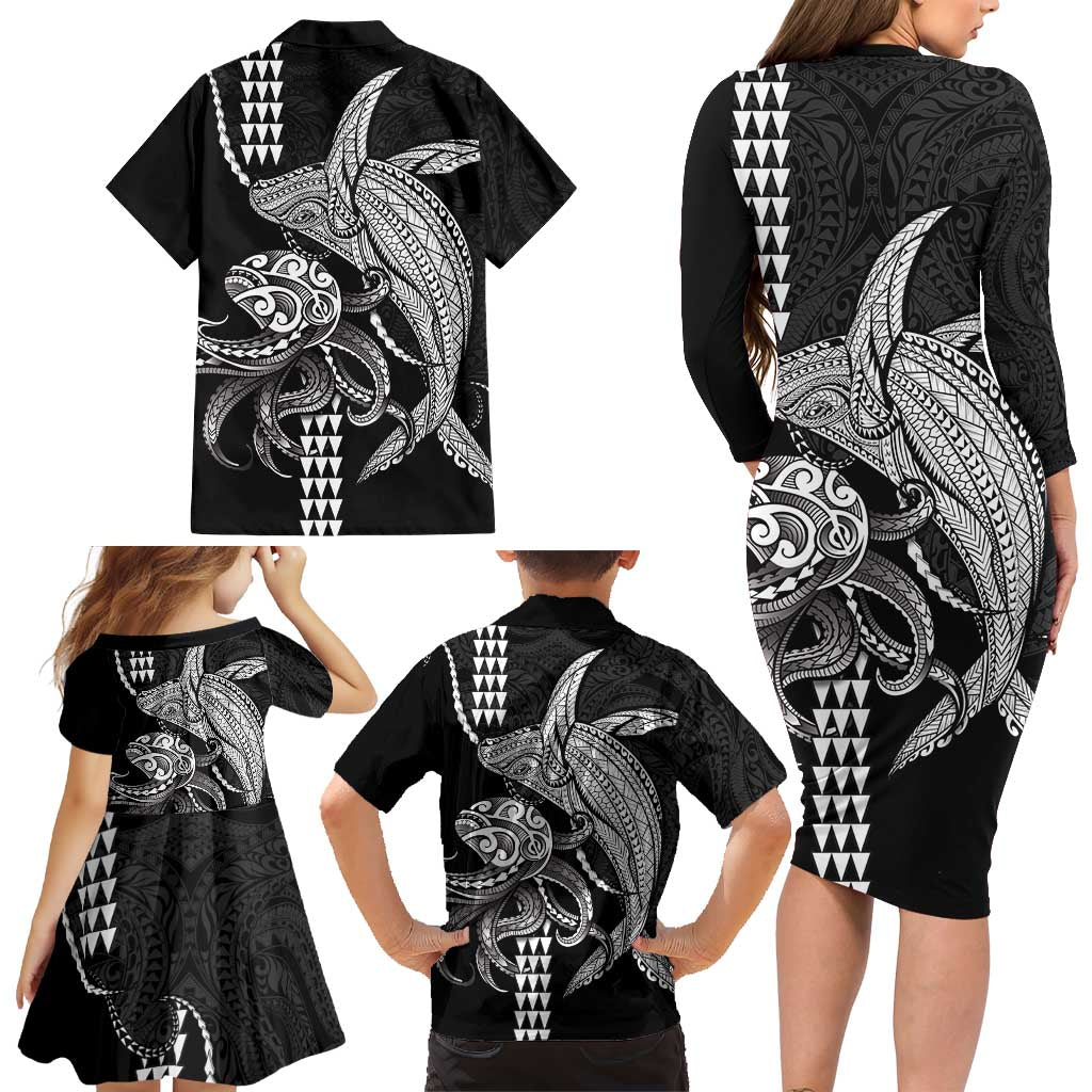 Kanaloa Aloha Hawaii Family Matching Long Sleeve Bodycon Dress and Hawaiian Shirt Humpback Whale Octopus Tattoo Kakau Pattern LT14 - Polynesian Pride
