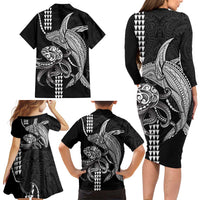 Kanaloa Aloha Hawaii Family Matching Long Sleeve Bodycon Dress and Hawaiian Shirt Humpback Whale Octopus Tattoo Kakau Pattern LT14 - Polynesian Pride
