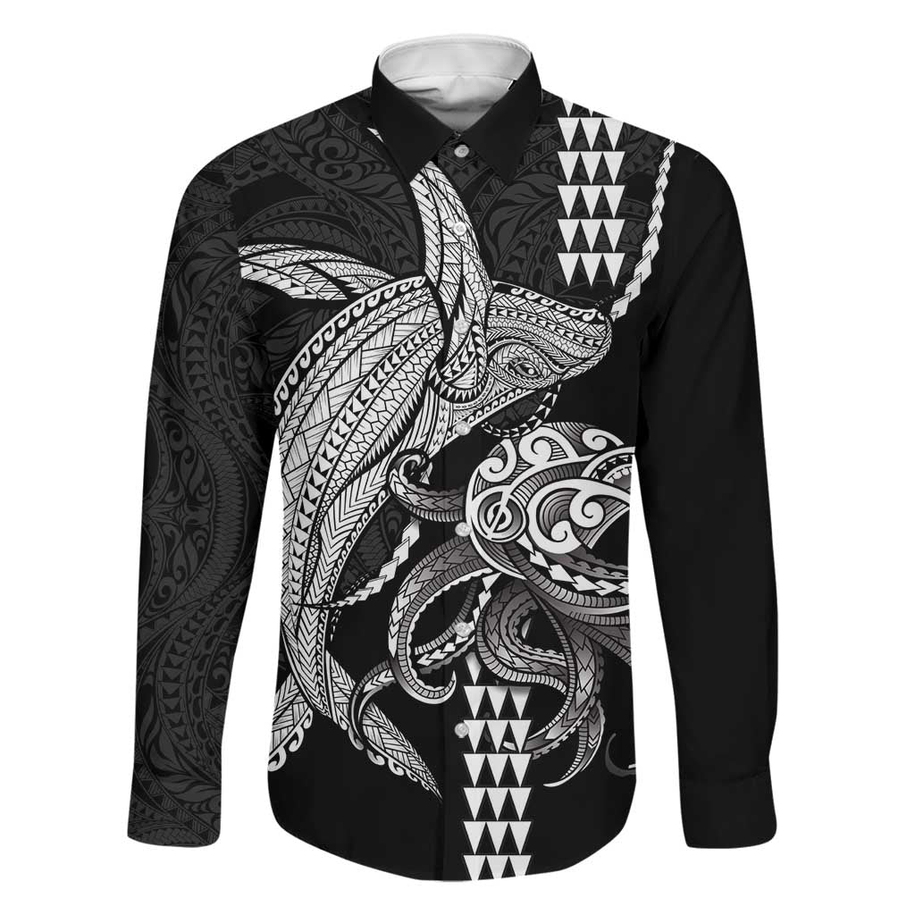 Kanaloa Aloha Hawaii Family Matching Long Sleeve Bodycon Dress and Hawaiian Shirt Humpback Whale Octopus Tattoo Kakau Pattern LT14 Dad's Shirt - Long Sleeve Black - Polynesian Pride
