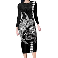 Kanaloa Aloha Hawaii Family Matching Long Sleeve Bodycon Dress and Hawaiian Shirt Humpback Whale Octopus Tattoo Kakau Pattern LT14 Mom's Dress Black - Polynesian Pride