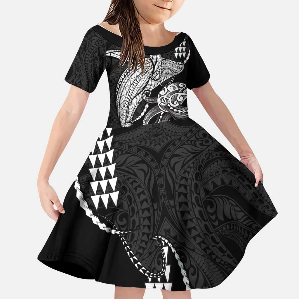Kanaloa Aloha Hawaii Family Matching Mermaid Dress and Hawaiian Shirt Humpback Whale Octopus Tattoo Kakau Pattern LT14 Daughter's Dress Black - Polynesian Pride