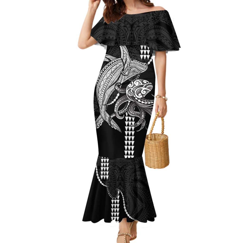 Kanaloa Aloha Hawaii Family Matching Mermaid Dress and Hawaiian Shirt Humpback Whale Octopus Tattoo Kakau Pattern LT14 Mom's Dress Black - Polynesian Pride