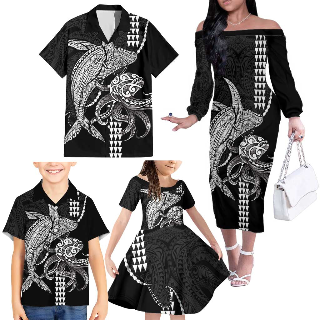 Kanaloa Aloha Hawaii Family Matching Off The Shoulder Long Sleeve Dress and Hawaiian Shirt Humpback Whale Octopus Tattoo Kakau Pattern LT14 - Polynesian Pride