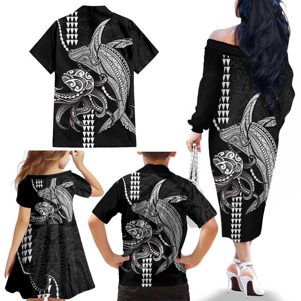 Kanaloa Aloha Hawaii Family Matching Off The Shoulder Long Sleeve Dress and Hawaiian Shirt Humpback Whale Octopus Tattoo Kakau Pattern LT14 - Polynesian Pride