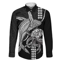 Kanaloa Aloha Hawaii Family Matching Off Shoulder Short Dress and Hawaiian Shirt Humpback Whale Octopus Tattoo Kakau Pattern LT14 Dad's Shirt - Long Sleeve Black - Polynesian Pride