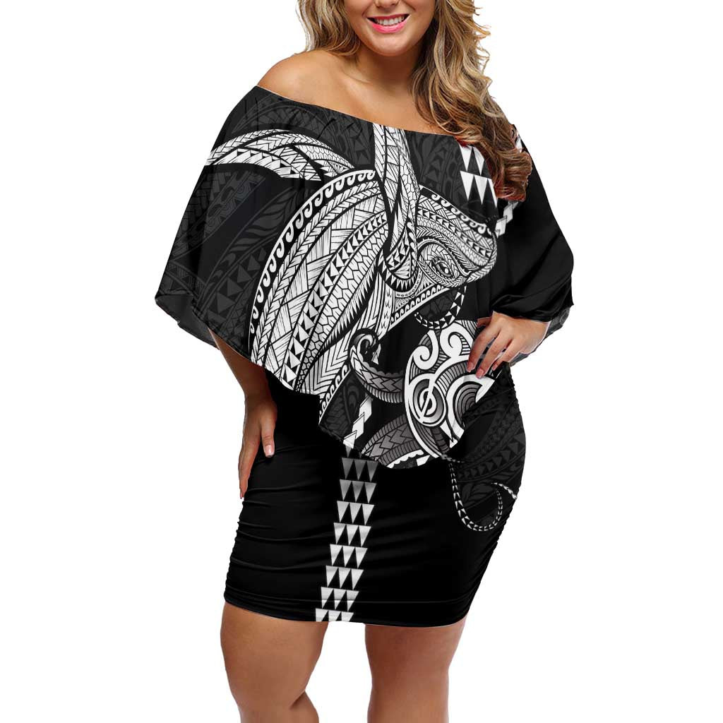 Kanaloa Aloha Hawaii Family Matching Off Shoulder Short Dress and Hawaiian Shirt Humpback Whale Octopus Tattoo Kakau Pattern LT14 Mom's Dress Black - Polynesian Pride