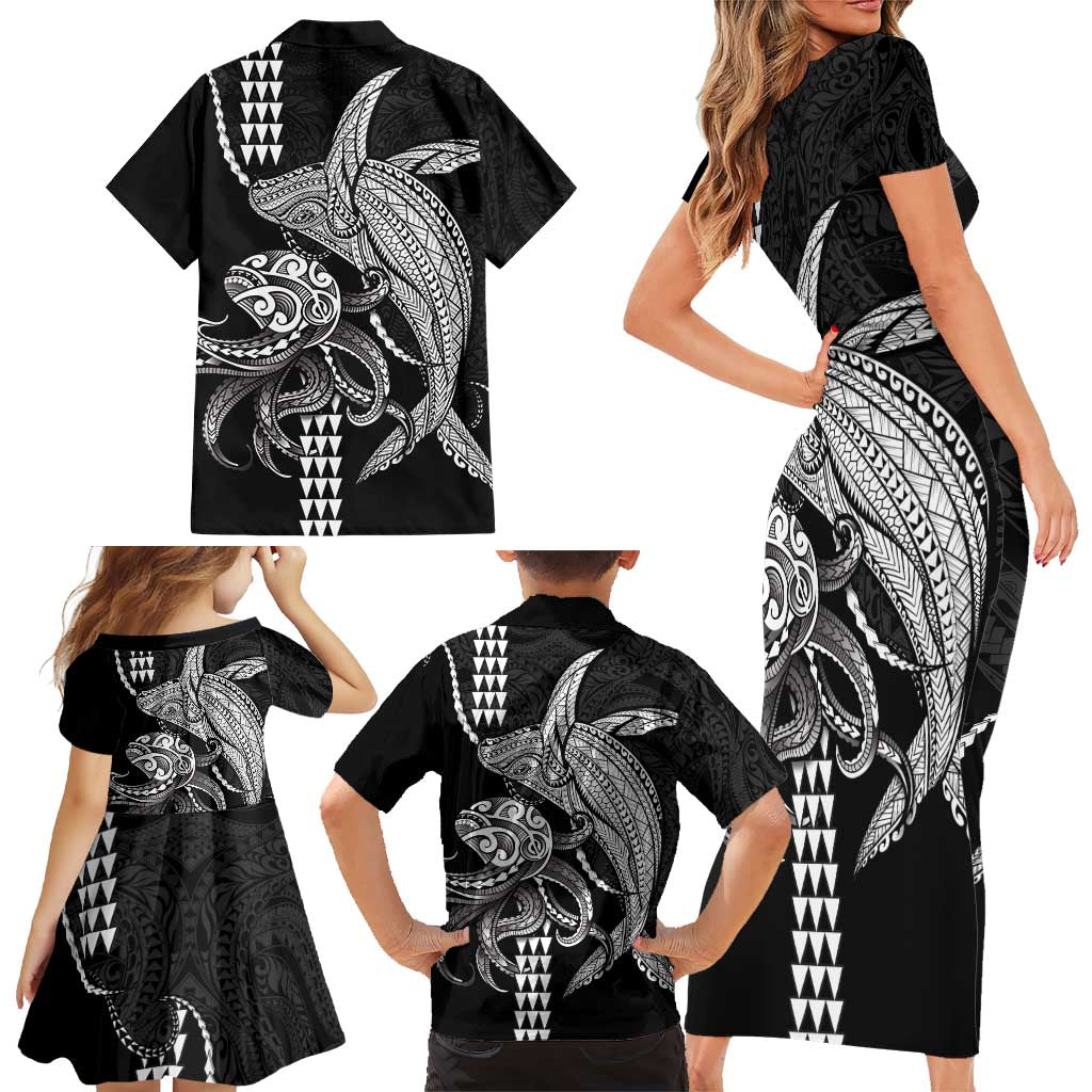 Kanaloa Aloha Hawaii Family Matching Short Sleeve Bodycon Dress and Hawaiian Shirt Humpback Whale Octopus Tattoo Kakau Pattern LT14 - Polynesian Pride