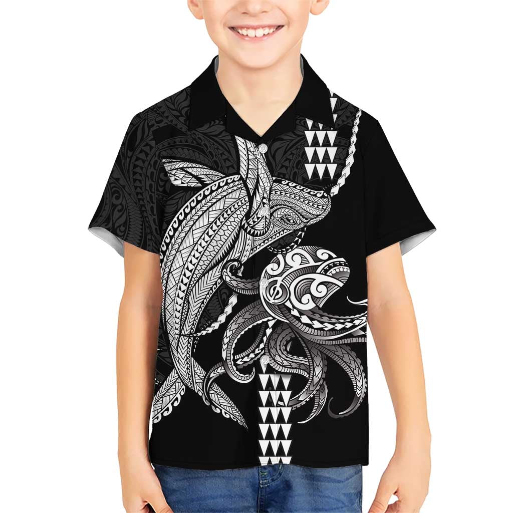 Kanaloa Aloha Hawaii Family Matching Short Sleeve Bodycon Dress and Hawaiian Shirt Humpback Whale Octopus Tattoo Kakau Pattern LT14 Son's Shirt Black - Polynesian Pride