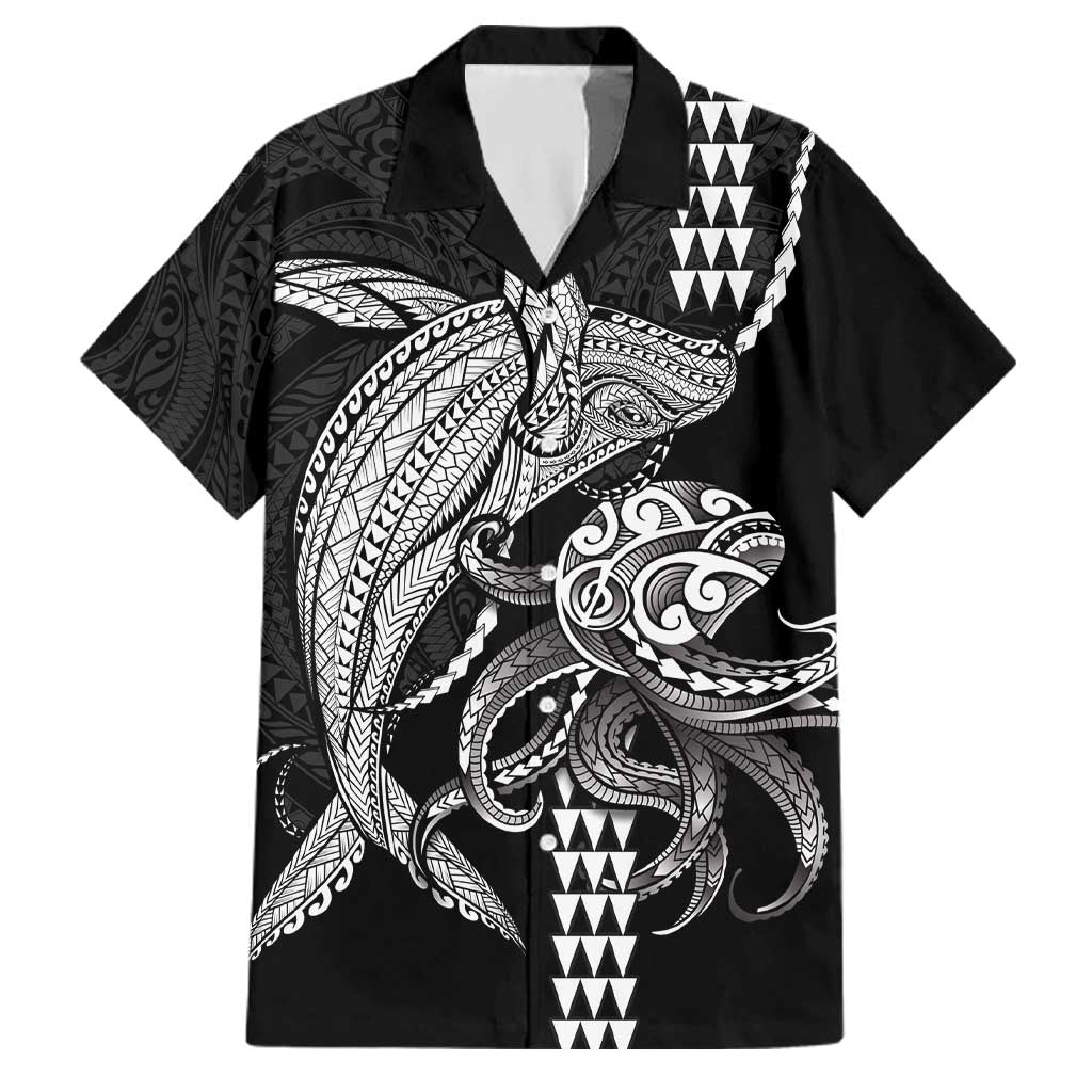 Kanaloa Aloha Hawaii Family Matching Summer Maxi Dress and Hawaiian Shirt Humpback Whale Octopus Tattoo Kakau Pattern LT14 Dad's Shirt - Short Sleeve Black - Polynesian Pride
