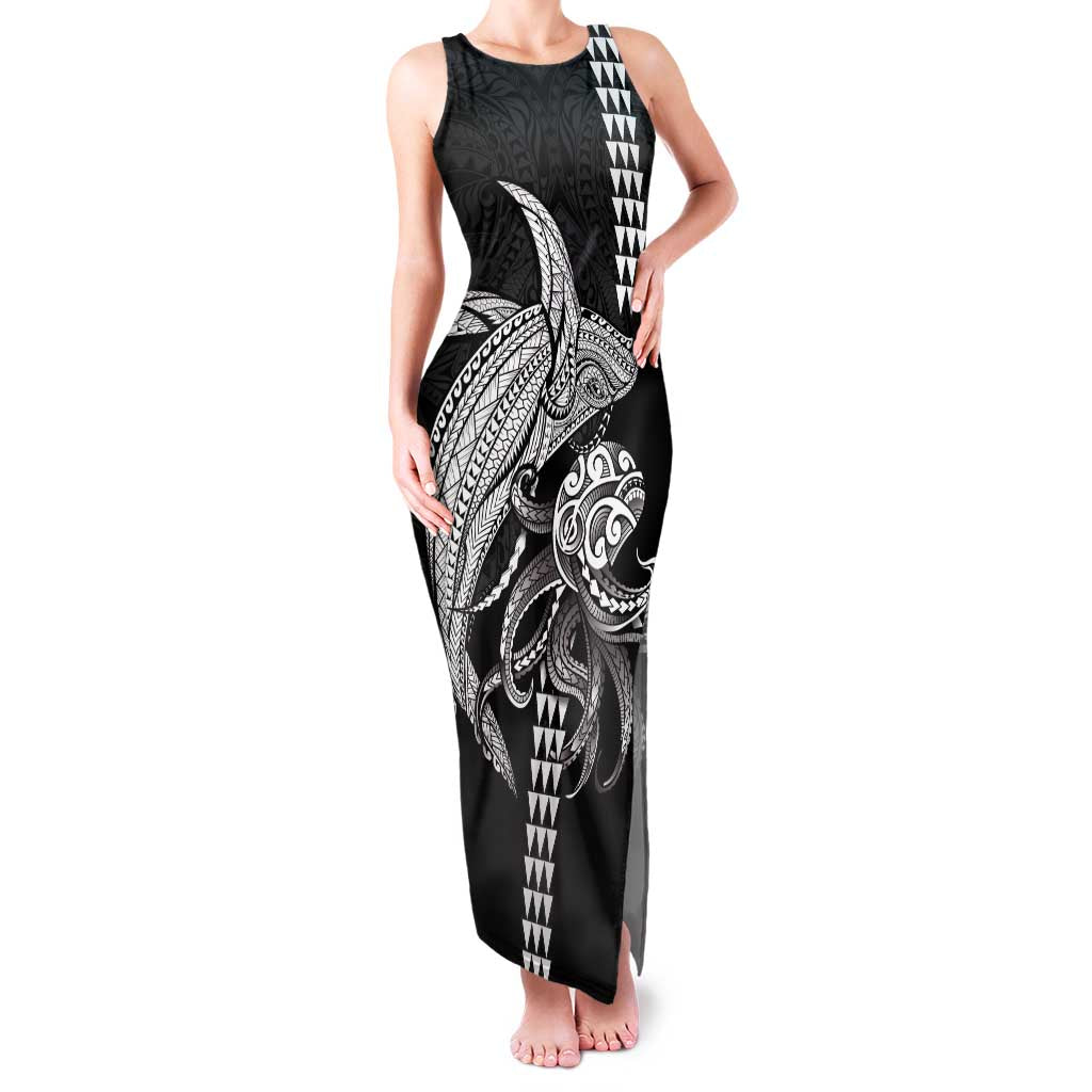 Kanaloa Aloha Hawaii Family Matching Tank Maxi Dress and Hawaiian Shirt Humpback Whale Octopus Tattoo Kakau Pattern LT14 Mom's Dress Black - Polynesian Pride
