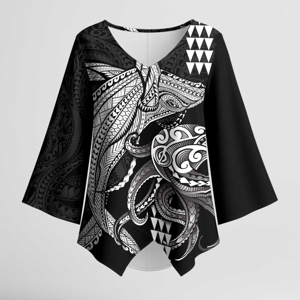 Kanaloa Aloha Hawaii Kimono Sleeve Blouse Humpback Whale Octopus Tattoo Kakau Pattern