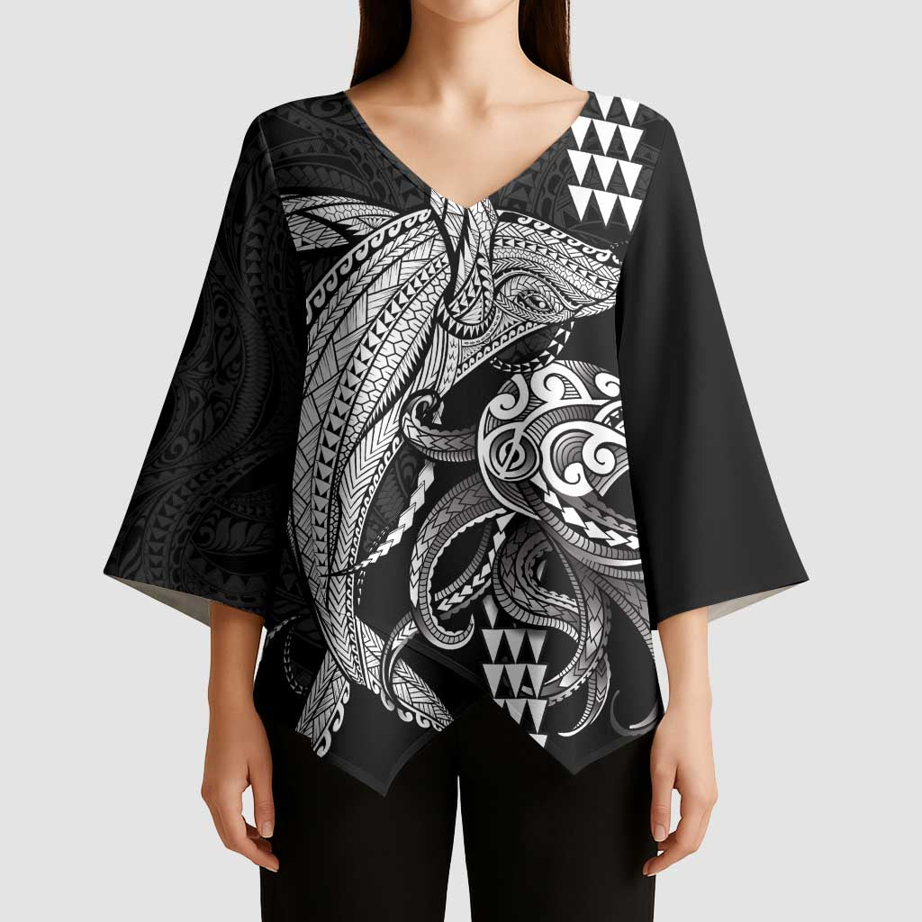 Kanaloa Aloha Hawaii Kimono Sleeve Blouse Humpback Whale Octopus Tattoo Kakau Pattern