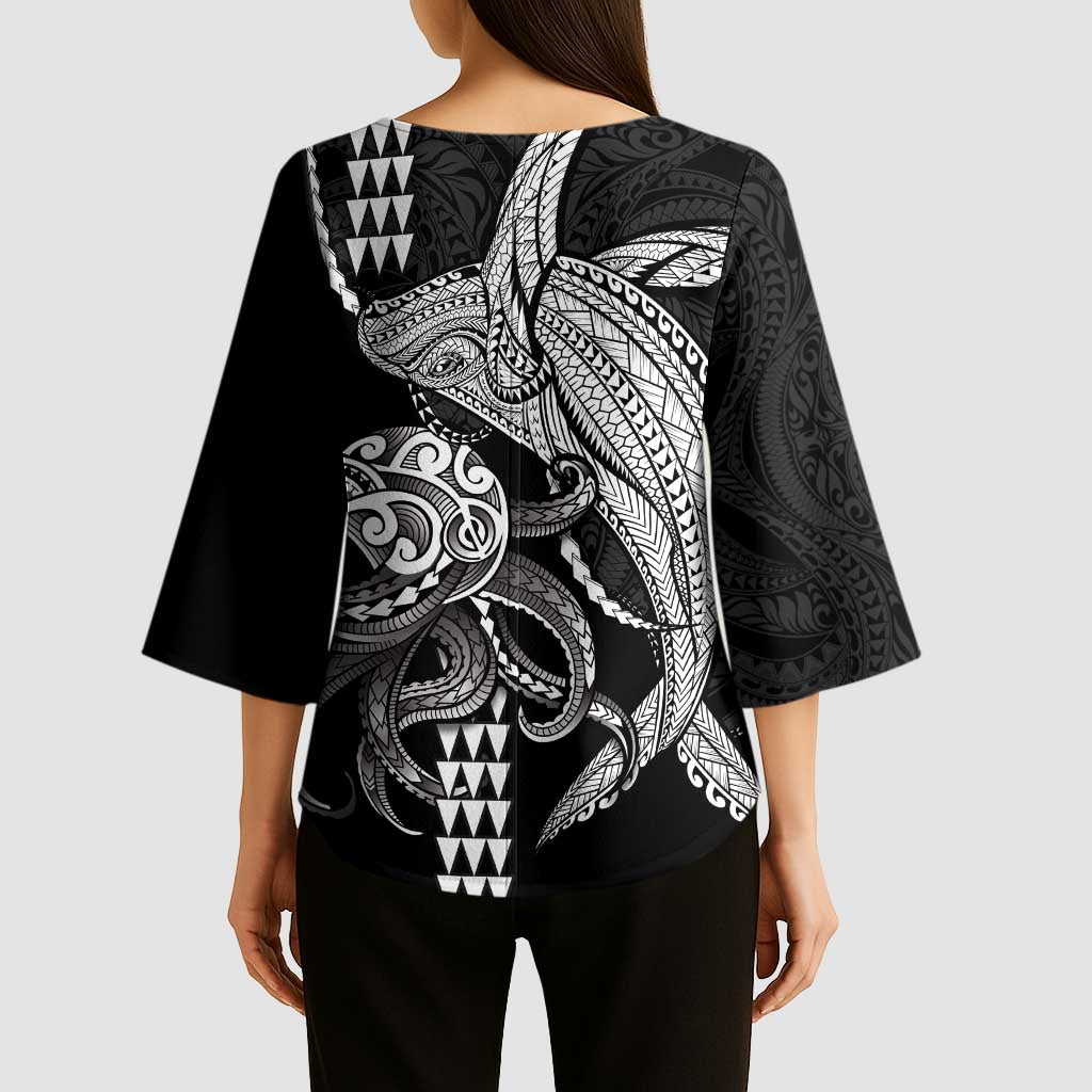 Kanaloa Aloha Hawaii Kimono Sleeve Blouse Humpback Whale Octopus Tattoo Kakau Pattern