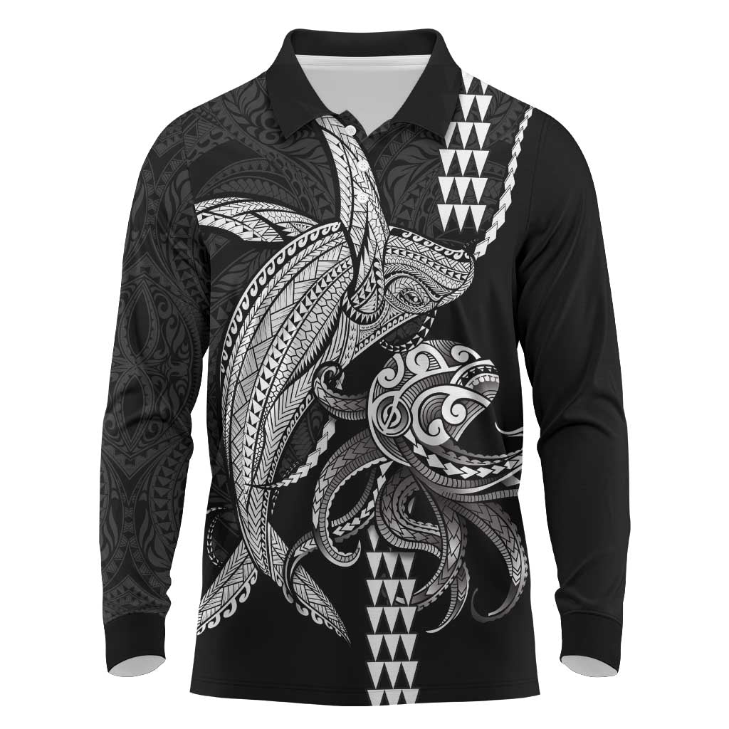 Kanaloa Aloha Hawaii Long Sleeve Polo Shirt Humpback Whale Octopus Tattoo Kakau Pattern