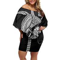 Kanaloa Aloha Hawaii Off Shoulder Short Dress Humpback Whale Octopus Tattoo Kakau Pattern