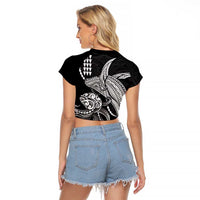 Kanaloa Aloha Hawaii Raglan Cropped T Shirt Humpback Whale Octopus Tattoo Kakau Pattern