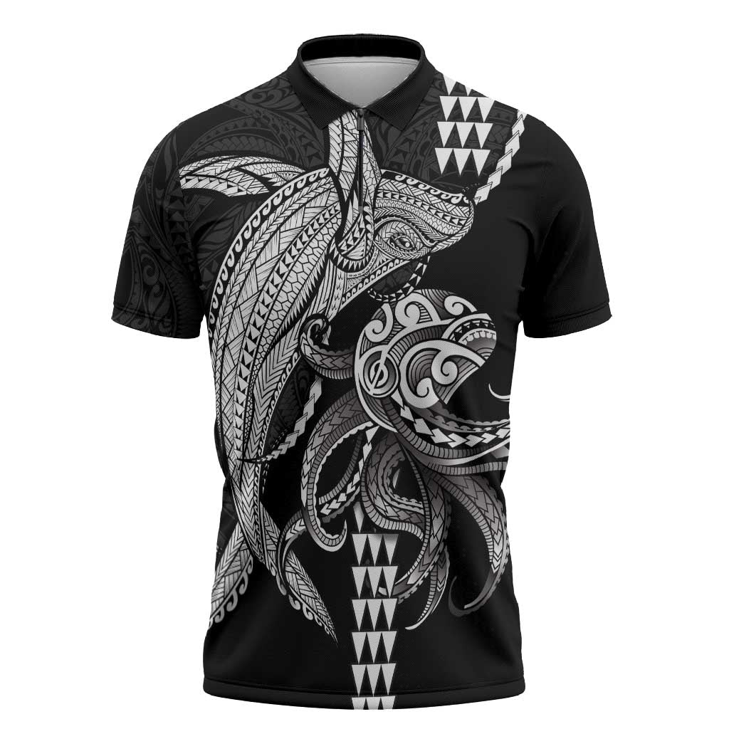 Kanaloa Aloha Hawaii Zipper Polo Shirt Humpback Whale Octopus Tattoo Kakau Pattern