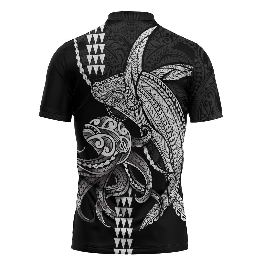 Kanaloa Aloha Hawaii Zipper Polo Shirt Humpback Whale Octopus Tattoo Kakau Pattern