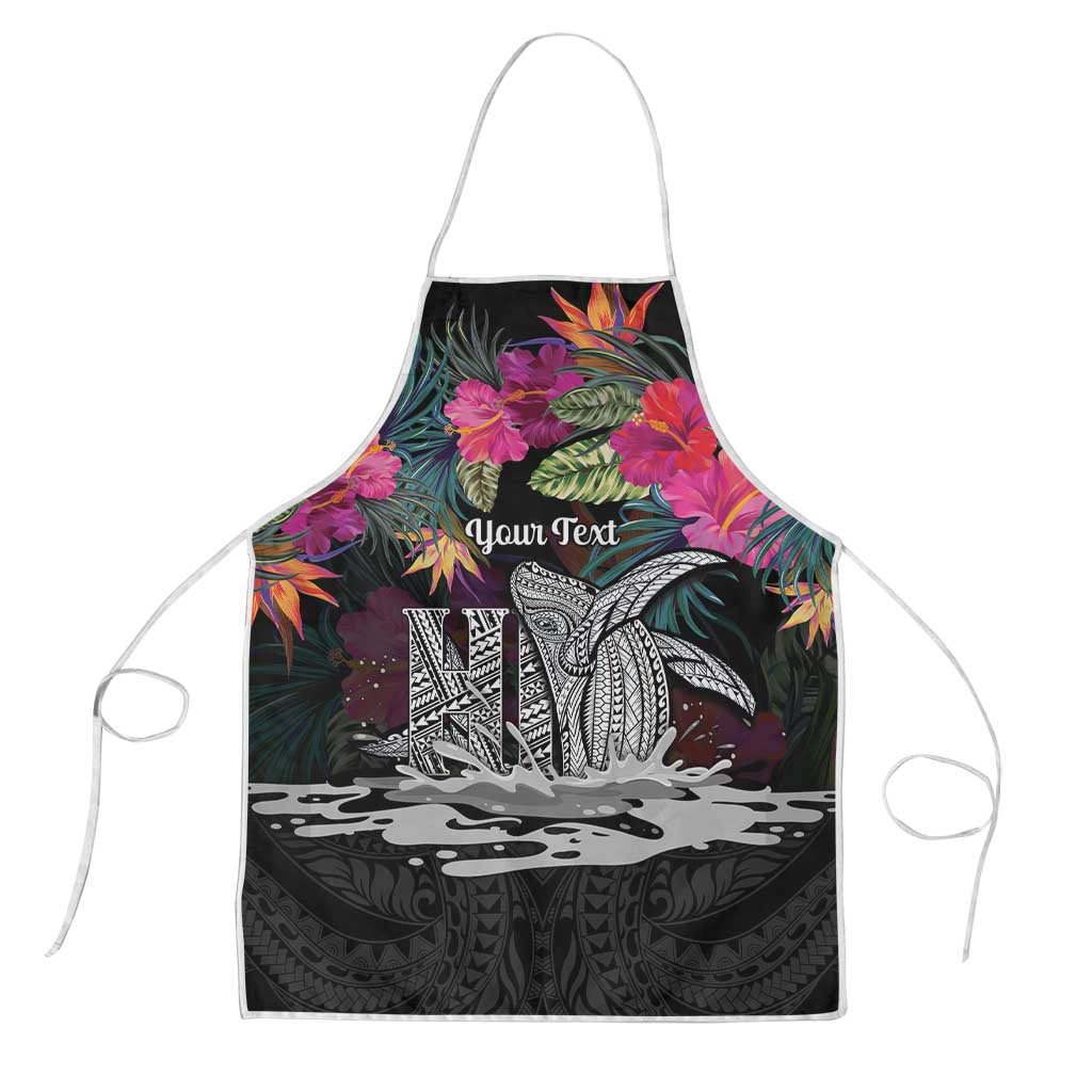 Personalised Hawaii Apron Humpback Whale Tattoo With Tropical Flowers Black