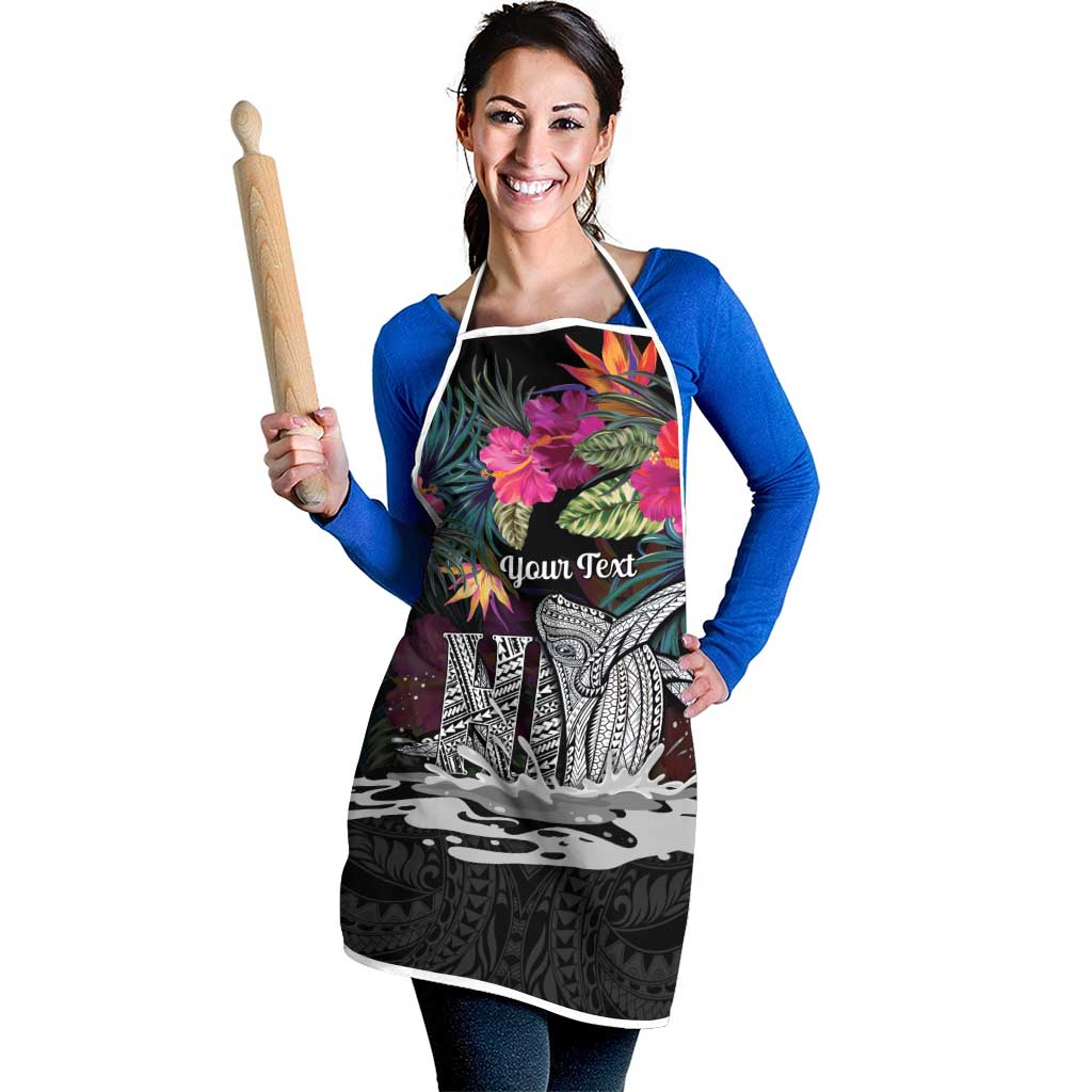 Personalised Hawaii Apron Humpback Whale Tattoo With Tropical Flowers Black