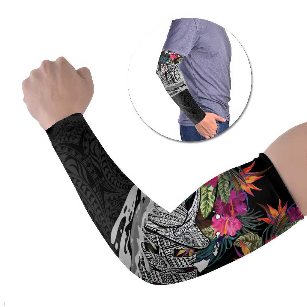 Personalised Hawaii Arm Sleeves Humpback Whale Tattoo With Tropical Flowers Black